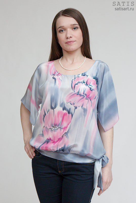 Блуза из натурального шелка с ручной росписью Винтаж