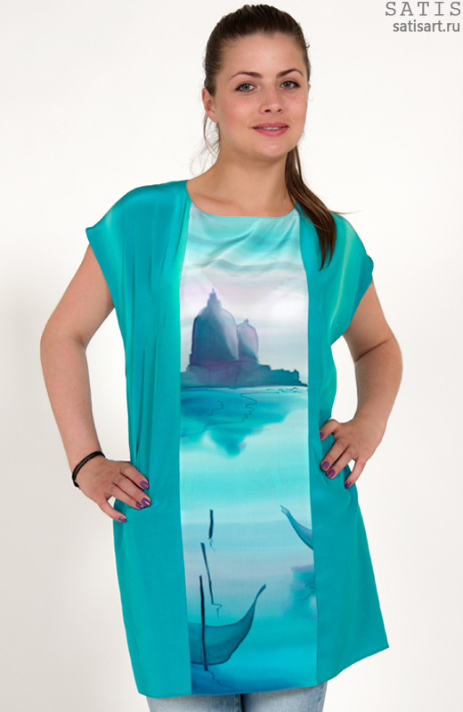 Блуза из натурального шелка бирюзовая с пейзажным рисунком
