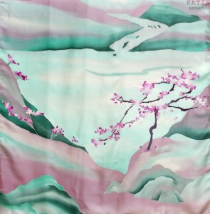 платок шейный из натурального шёлка  САКУРА НА БЕРЕГУ  бирюзово-розовый